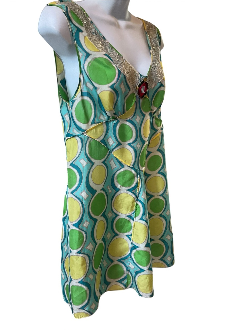 100% silk Green & Yellow Geometric Petrus Express Vintage  Tunic top sz8